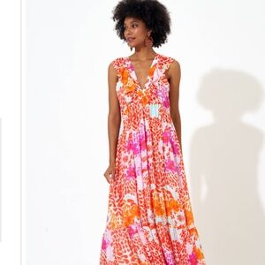 Vibrant Oliphant V neck ruffle maxi dress, floral print, size S EUC!